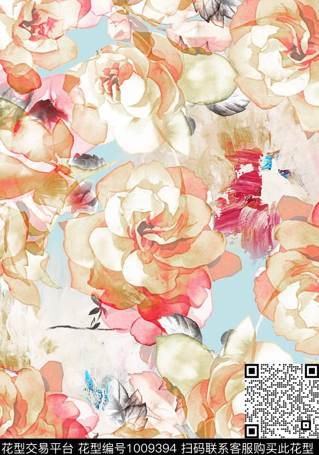 数码华亿平台线条水彩花卉数码印花华亿平台下载（图片编号: 1009394） - 瓦栏（Walan）
