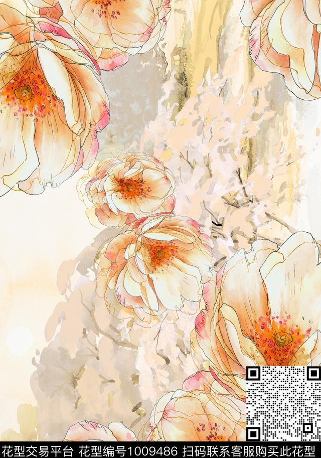 数码华亿平台线条水彩花卉数码印花华亿平台下载（图片编号: 1009486） - 瓦栏（Walan）