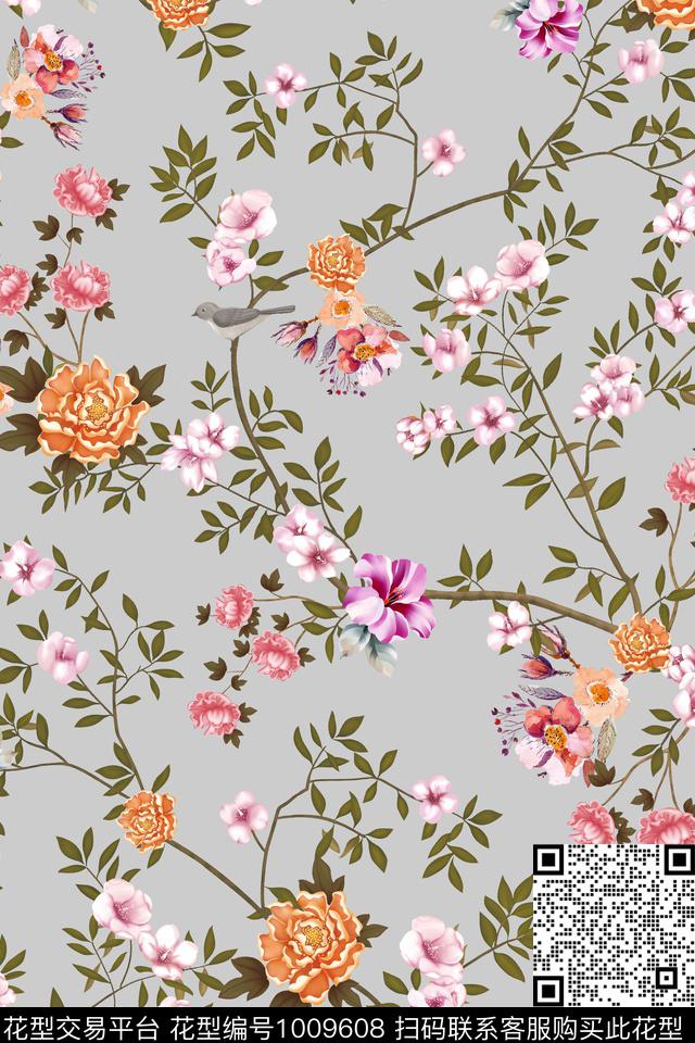 手绘花卉花卉树枝数码印花华亿平台下载（图片编号: 1009608） - 瓦栏（Walan）