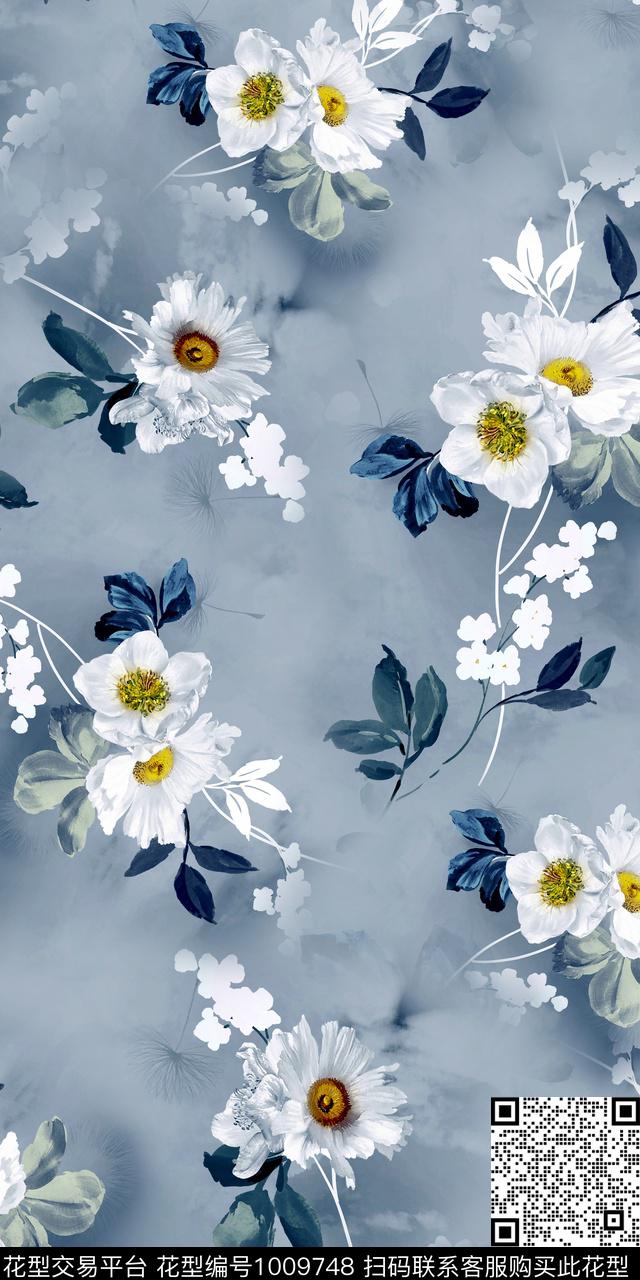 朦胧花卉手绘花卉清爽底花卉数码印花华亿平台下载（图片编号: 1009748） - 瓦栏（Walan）
