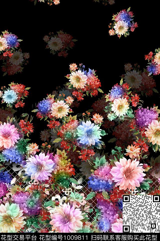 黑底花卉水彩花卉女装数码印花华亿平台下载（图片编号: 1009811） - 瓦栏（Walan）