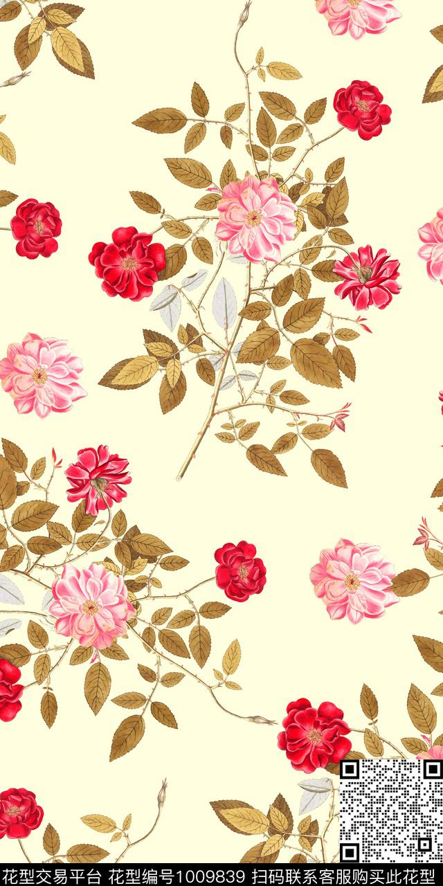手绘花卉女装清爽底花卉数码印花华亿平台下载（图片编号: 1009839） - 瓦栏（Walan）