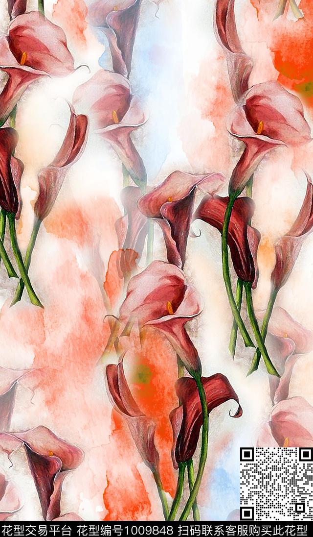 花卉水彩花卉牵牛花数码印花华亿平台下载（图片编号: 1009848） - 瓦栏（Walan）