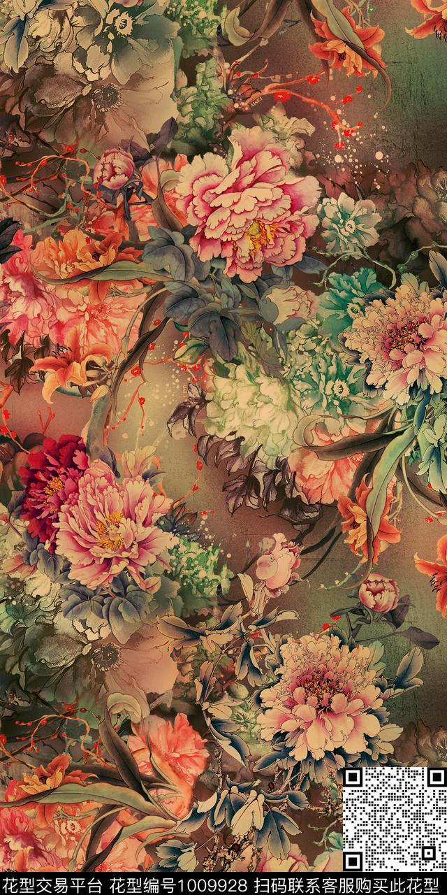 牡丹香云纱中国风数码印花华亿平台下载（图片编号: 1009928） - 瓦栏（Walan）