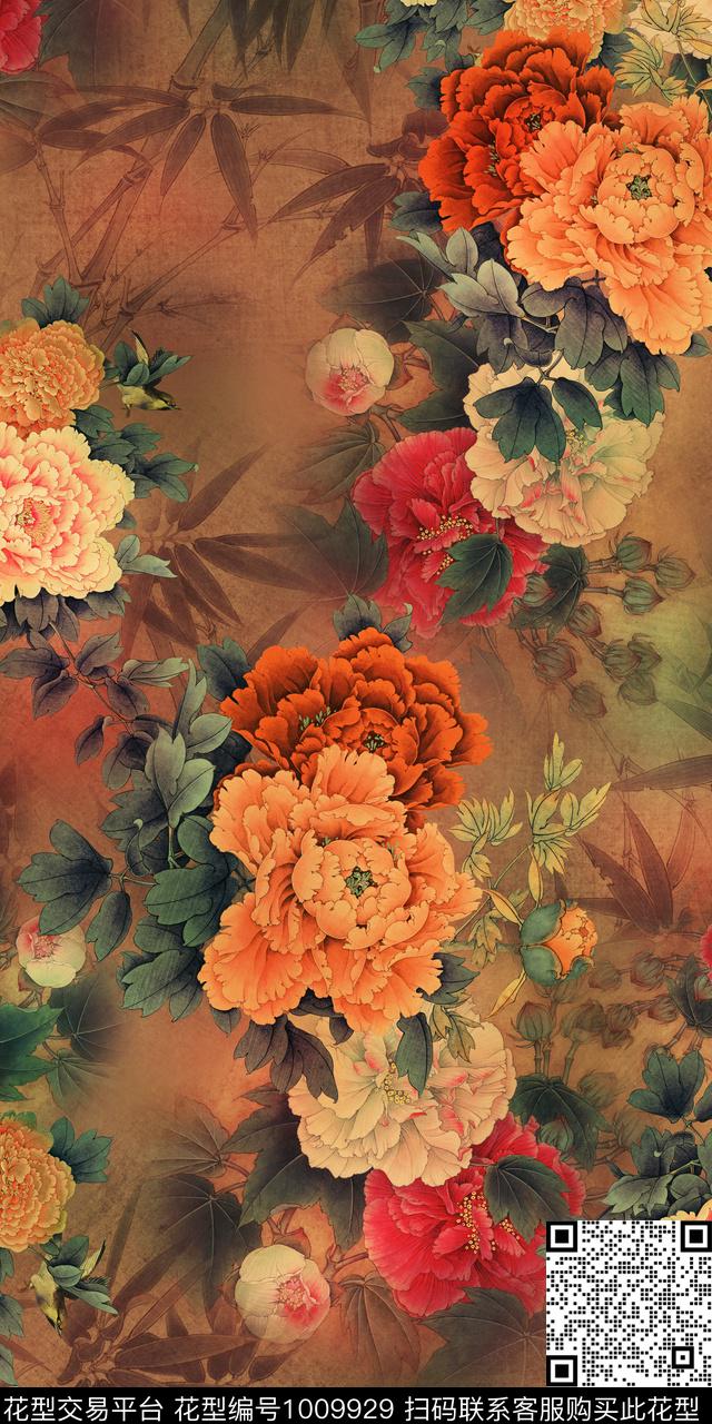 牡丹香云纱中国风数码印花华亿平台下载（图片编号: 1009929） - 瓦栏（Walan）