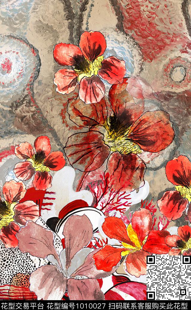 花卉定位花中国风数码印花华亿平台下载（图片编号: 1010027） - 瓦栏（Walan）