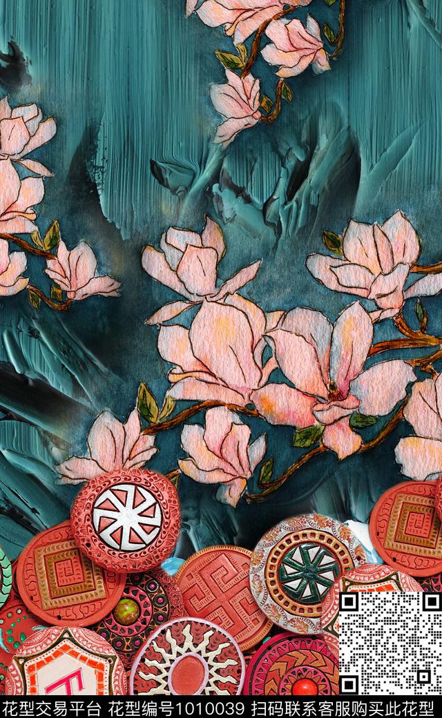 大花花卉定位花数码印花华亿平台下载（图片编号: 1010039） - 瓦栏（Walan）