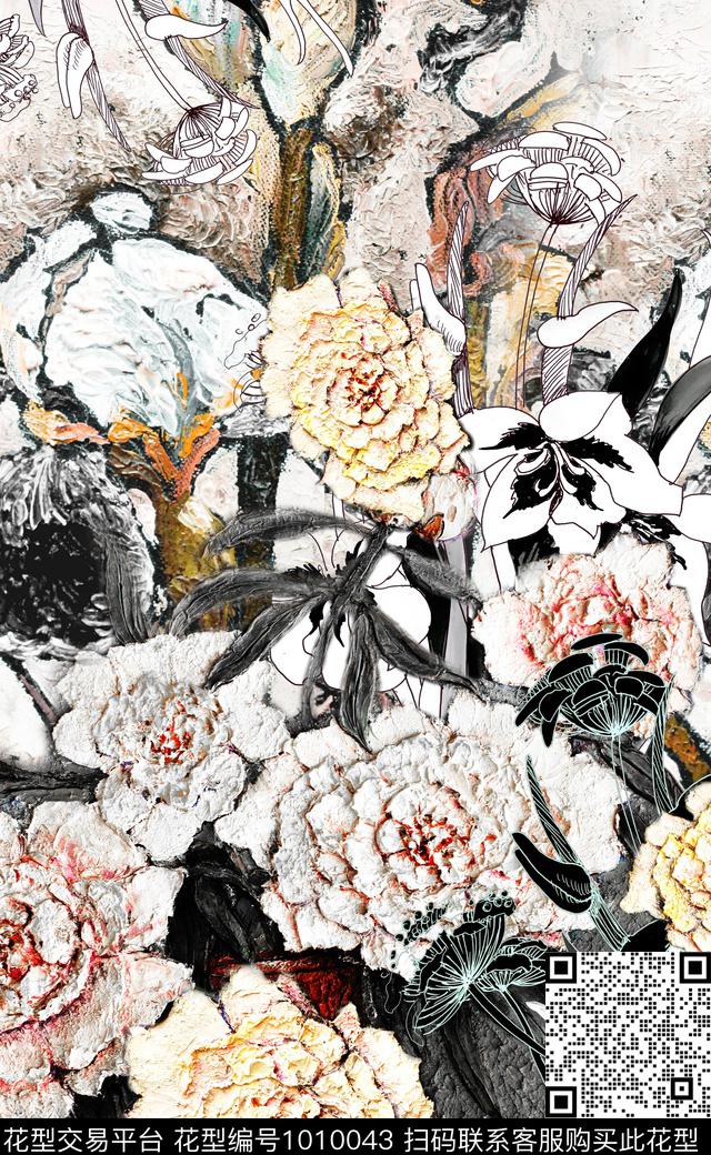 大花花卉定位花数码印花华亿平台下载（图片编号: 1010043） - 瓦栏（Walan）