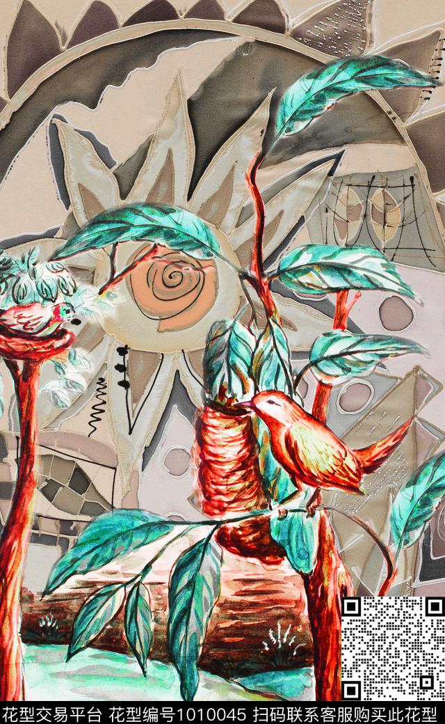 民族风水彩花卉定位花数码印花华亿平台下载（图片编号: 1010045） - 瓦栏（Walan）