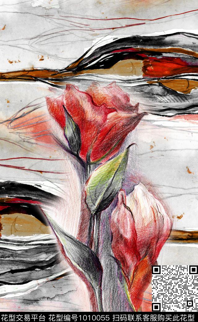 大花花卉定位花数码印花华亿平台下载（图片编号: 1010055） - 瓦栏（Walan）