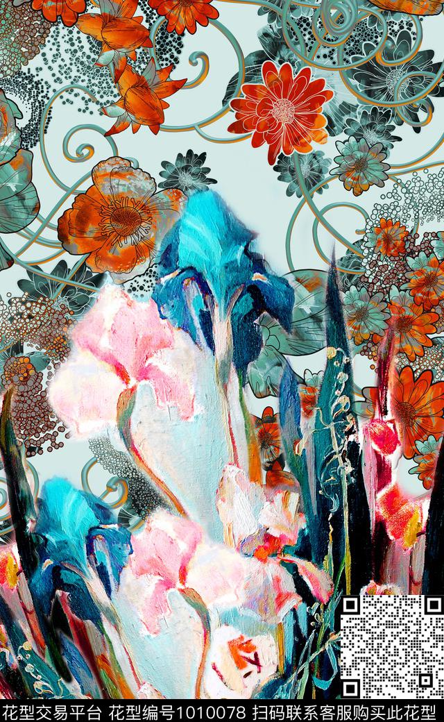 民族风水彩花卉定位花数码印花华亿平台下载（图片编号: 1010078） - 瓦栏（Walan）
