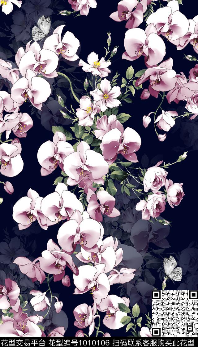 蝴蝶兰手绘花卉清爽底花卉数码印花华亿平台下载（图片编号: 1010106） - 瓦栏（Walan）