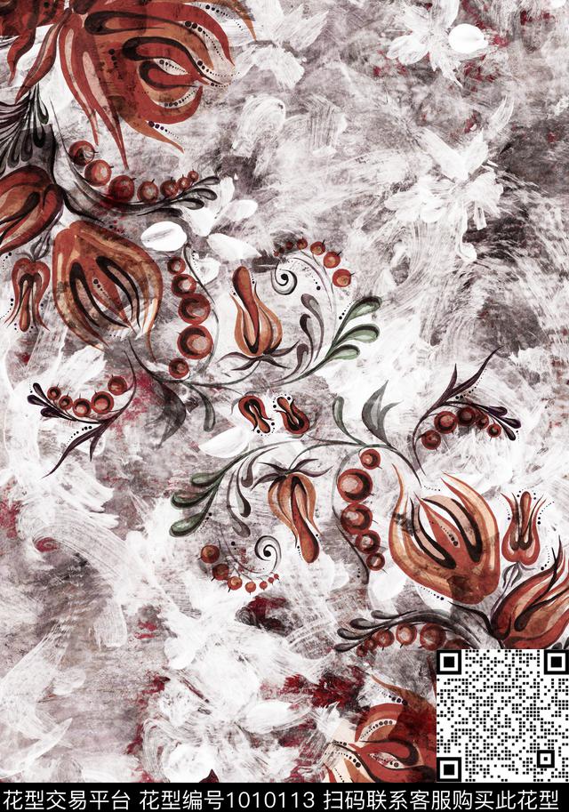 民族风花卉复古数码印花华亿平台下载（图片编号: 1010113） - 瓦栏（Walan）
