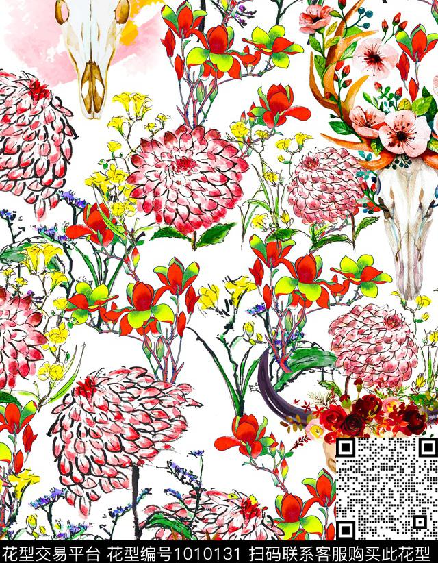 玉兰花手绘花卉牛数码印花华亿平台下载（图片编号: 1010131） - 瓦栏（Walan）