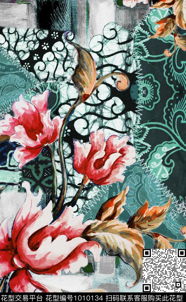 大花花卉定位花数码印花华亿平台下载（图片编号: 1010134） - 瓦栏（Walan）