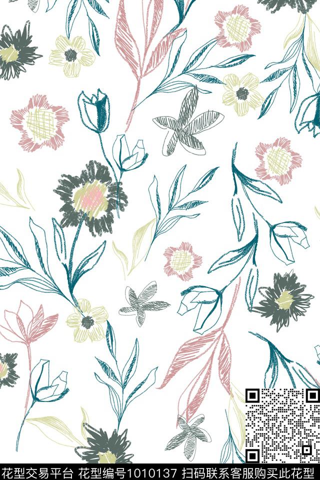 趣味线条花卉数码印花华亿平台下载（图片编号: 1010137） - 瓦栏（Walan）
