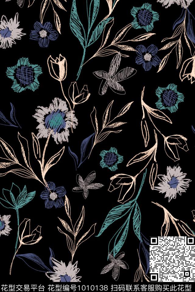 趣味线条花卉数码印花华亿平台下载（图片编号: 1010138） - 瓦栏（Walan）