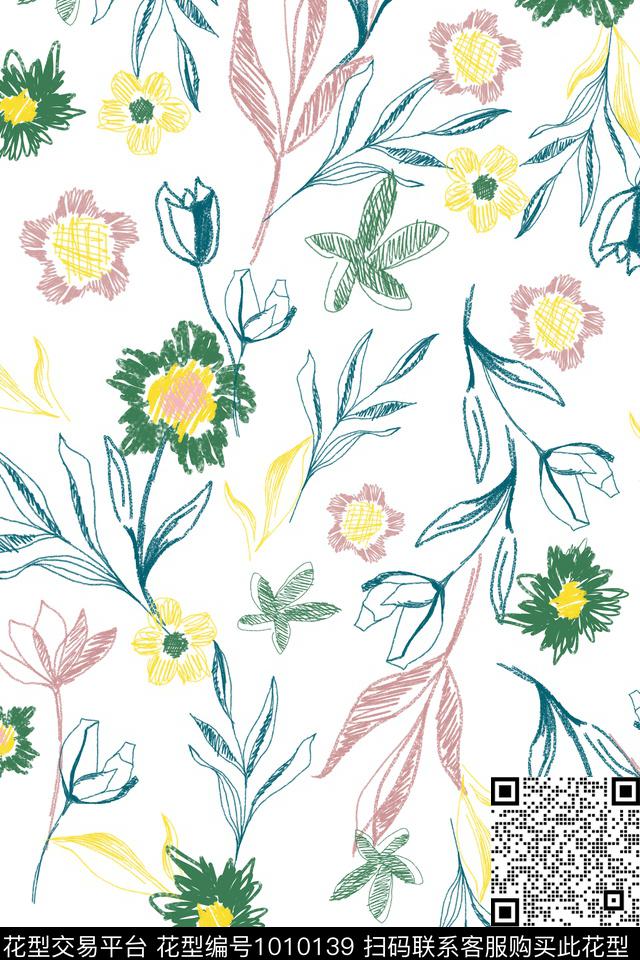 趣味线条花卉数码印花华亿平台下载（图片编号: 1010139） - 瓦栏（Walan）