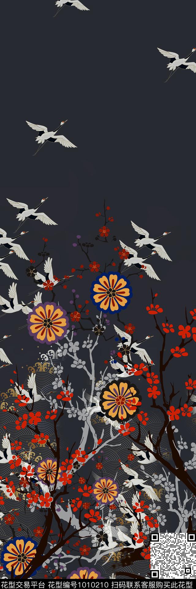 梅花仙鹤中国风定位花数码印花华亿平台下载（图片编号: 1010210） - 瓦栏（Walan）