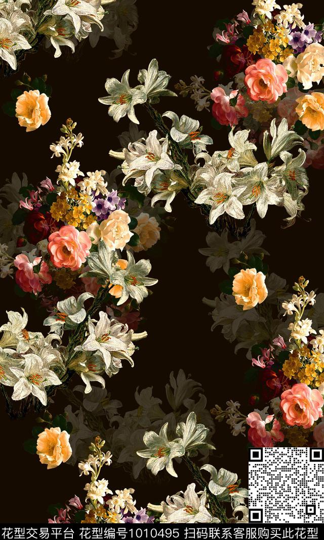 黑底花卉花卉女装数码印花华亿平台下载（图片编号: 1010495） - 瓦栏（Walan）
