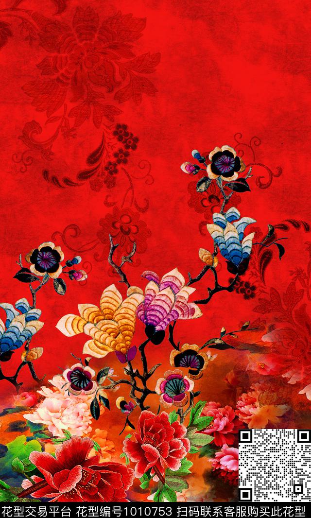 牡丹香云纱定位花数码印花华亿平台下载（图片编号: 1010753） - 瓦栏（Walan）