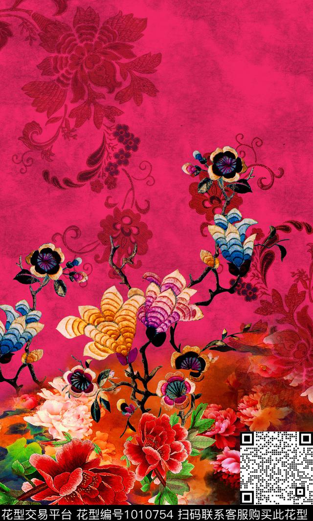 牡丹香云纱定位花数码印花华亿平台下载（图片编号: 1010754） - 瓦栏（Walan）