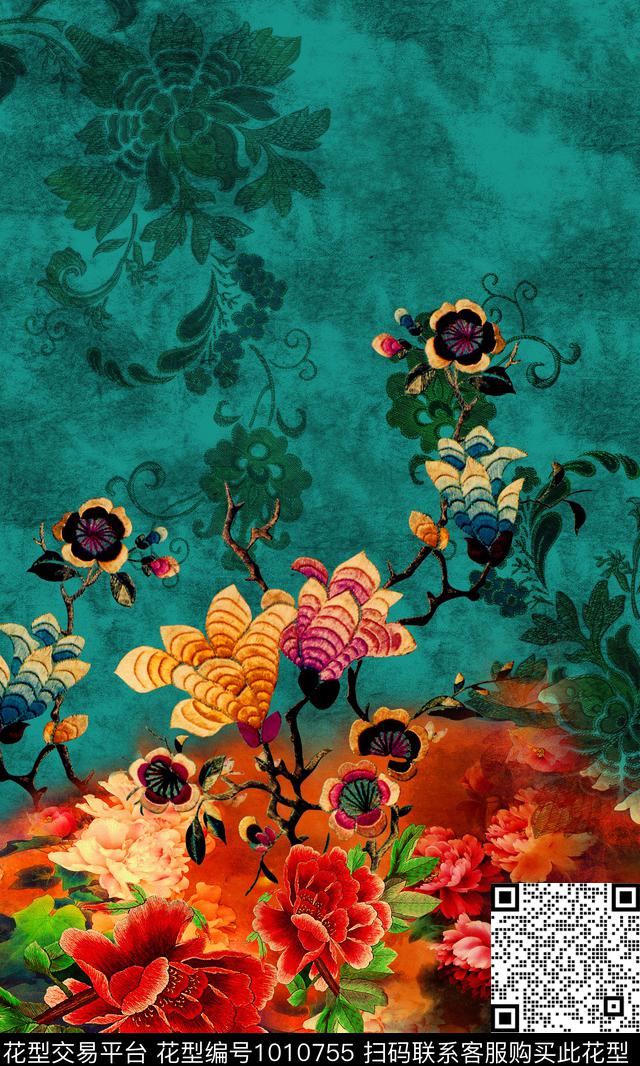 牡丹香云纱定位花数码印花华亿平台下载（图片编号: 1010755） - 瓦栏（Walan）