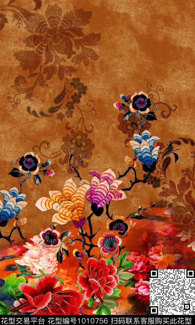 牡丹香云纱定位花数码印花华亿平台下载（图片编号: 1010756） - 瓦栏（Walan）