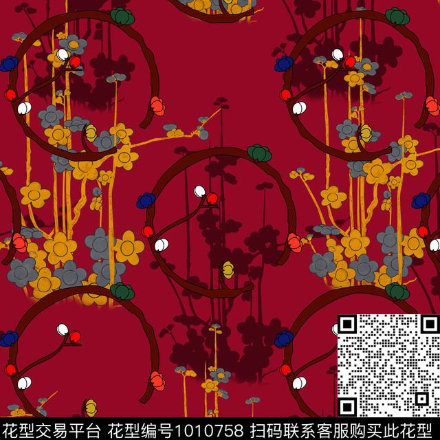 梅花花卉圆形数码印花华亿平台下载（图片编号: 1010758） - 瓦栏（Walan）