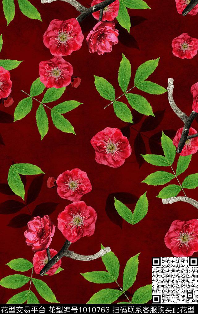 花卉树枝桃花数码印花华亿平台下载（图片编号: 1010763） - 瓦栏（Walan）