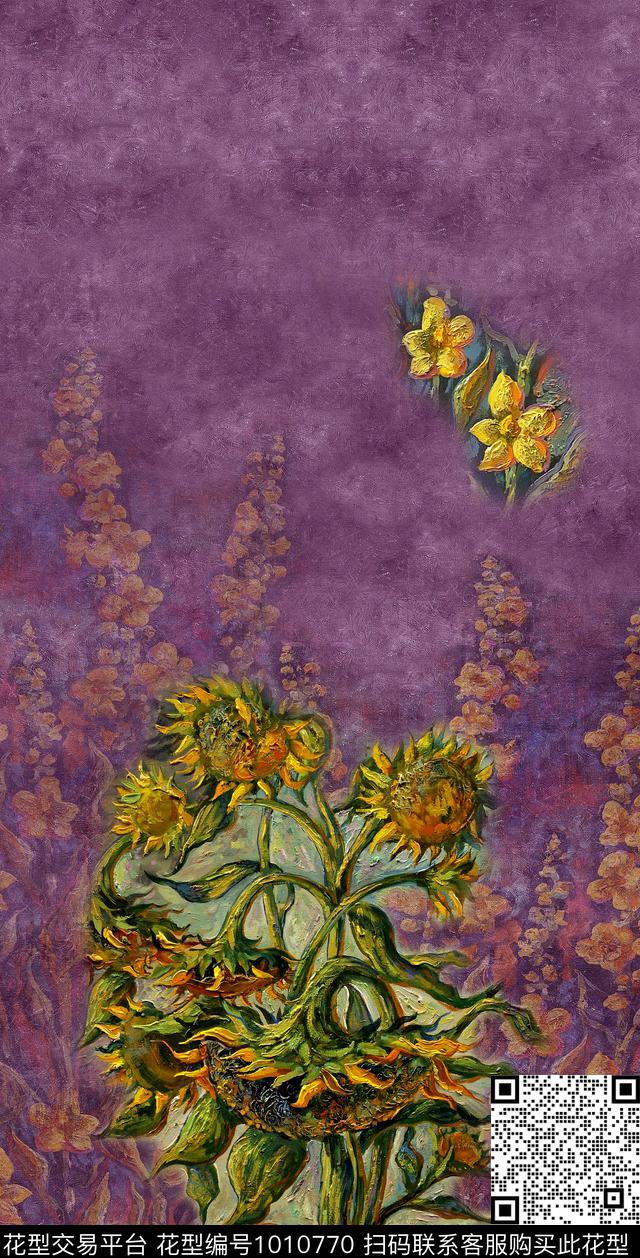 向日葵花卉定位花数码印花华亿平台下载（图片编号: 1010770） - 瓦栏（Walan）