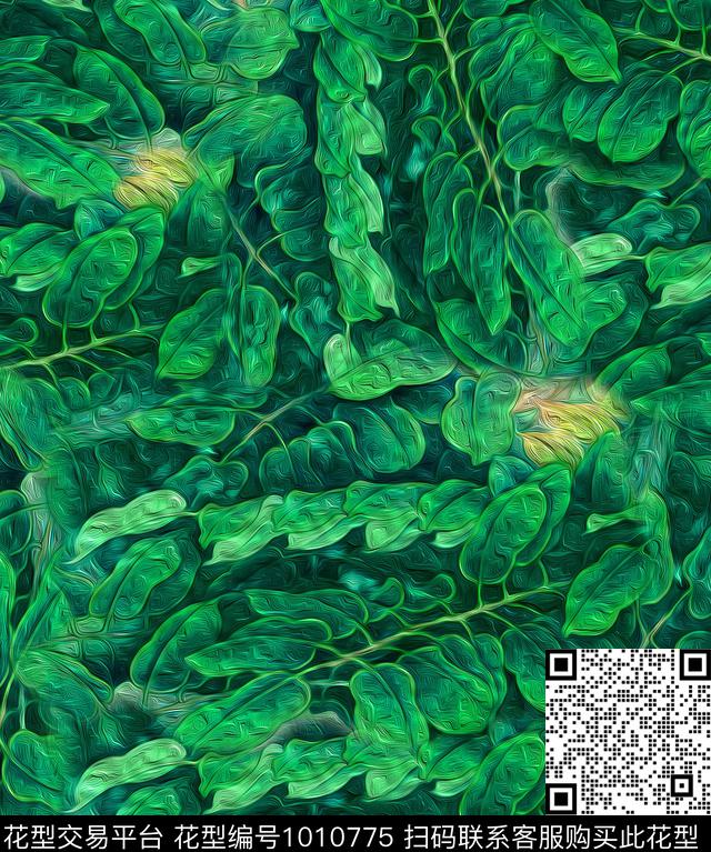 抽象女装绿植树叶数码印花华亿平台下载（图片编号: 1010775） - 瓦栏（Walan）