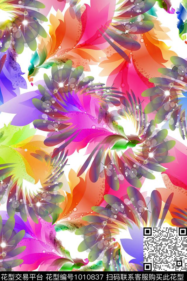 春夏华亿平台羽毛炫彩花卉数码印花华亿平台下载（图片编号: 1010837） - 瓦栏（Walan）
