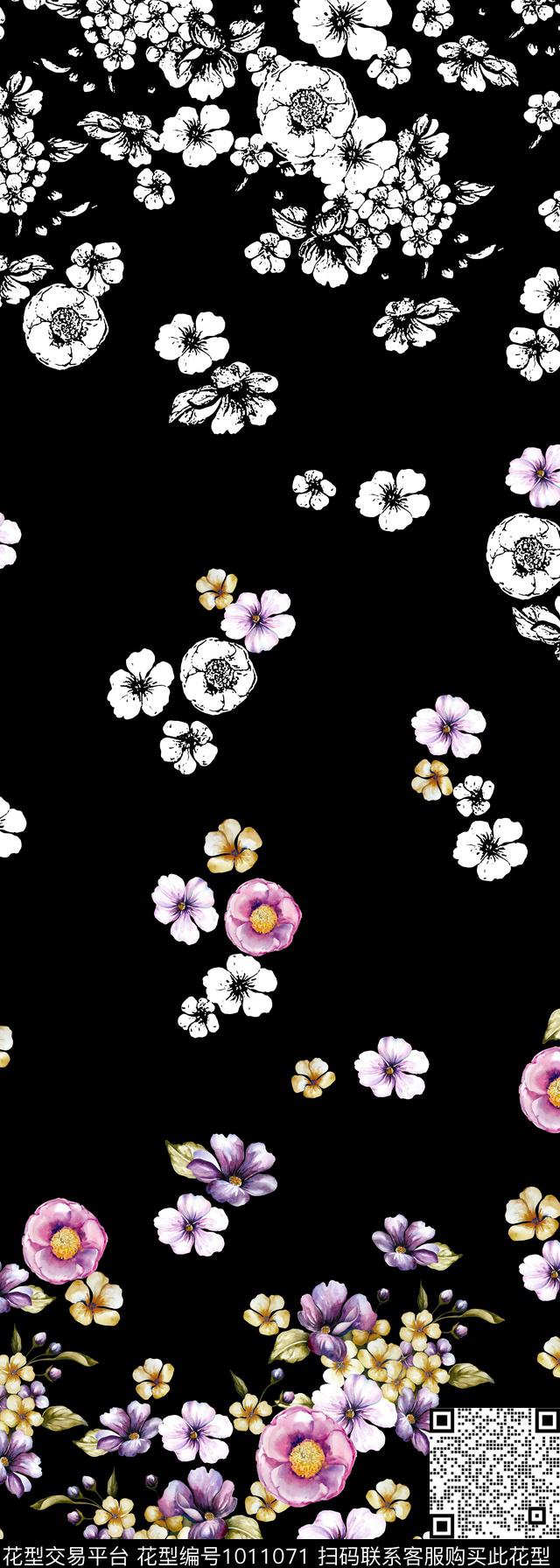 花卉手绘花卉定位花数码印花华亿平台下载（图片编号: 1011071） - 瓦栏（Walan）
