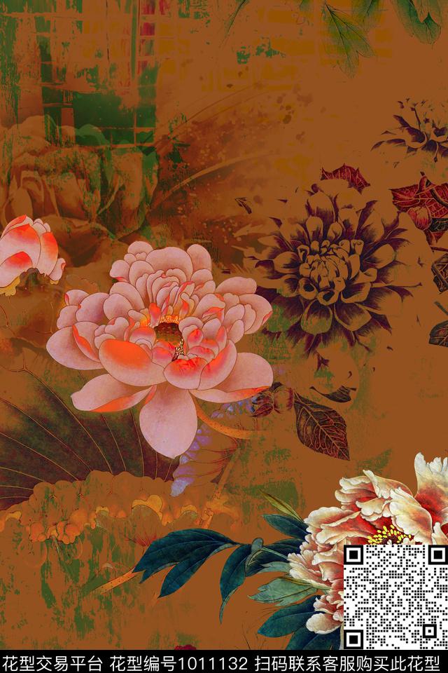花卉香云纱牡丹数码印花华亿平台下载（图片编号: 1011132） - 瓦栏（Walan）