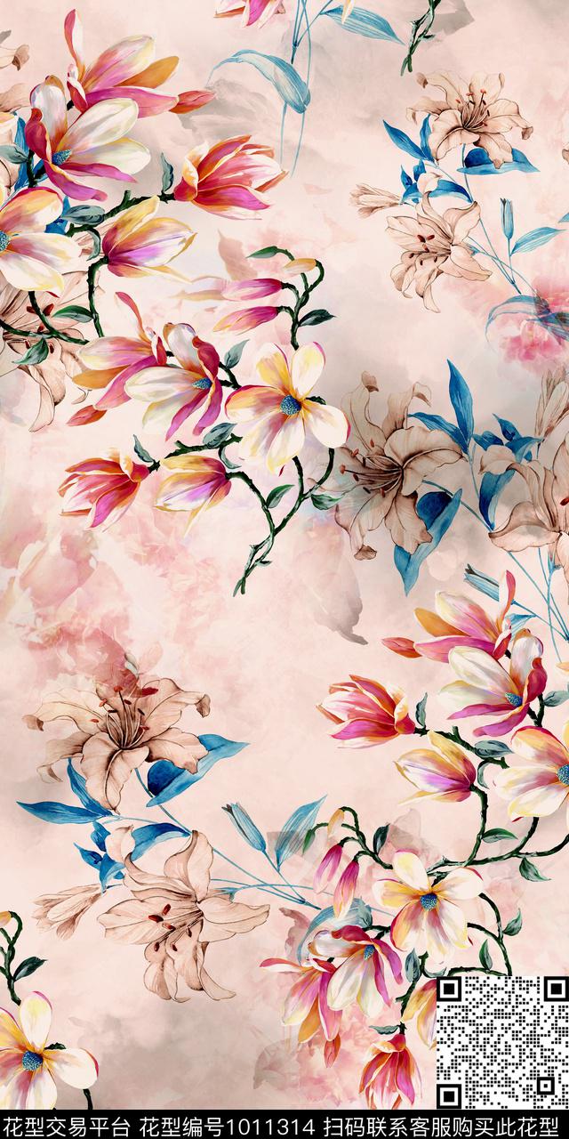手绘花卉百合木兰花数码印花华亿平台下载（图片编号: 1011314） - 瓦栏（Walan）