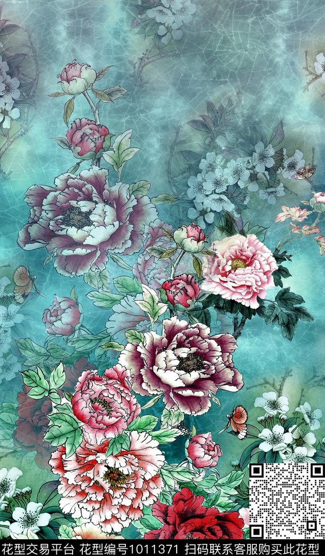 牡丹中国风定位花高清花卉数码印花华亿平台下载（图片编号: 1011371） - 瓦栏（Walan）