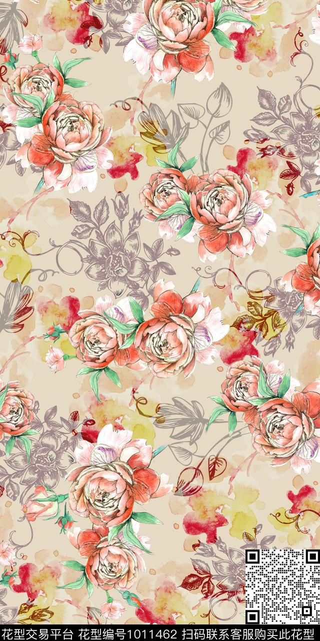 数码华亿平台手绘花卉女装数码印花华亿平台下载（图片编号: 1011462） - 瓦栏（Walan）