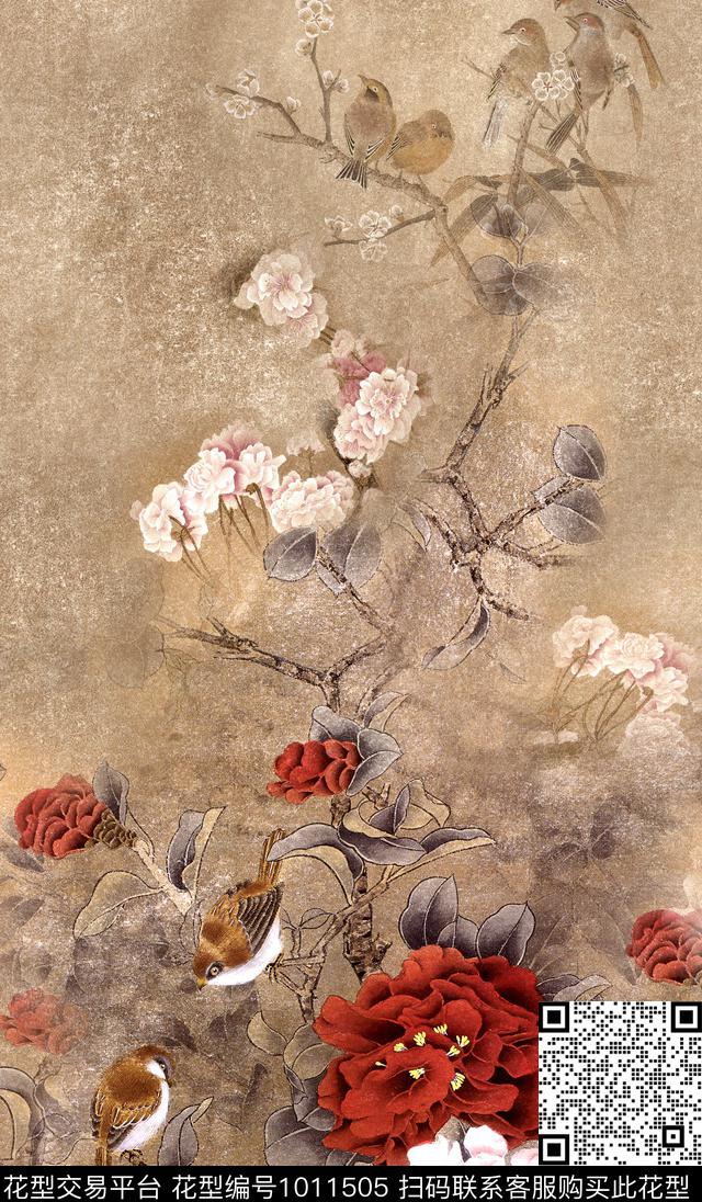 牡丹复古中国风定位花数码印花华亿平台下载（图片编号: 1011505） - 瓦栏（Walan）