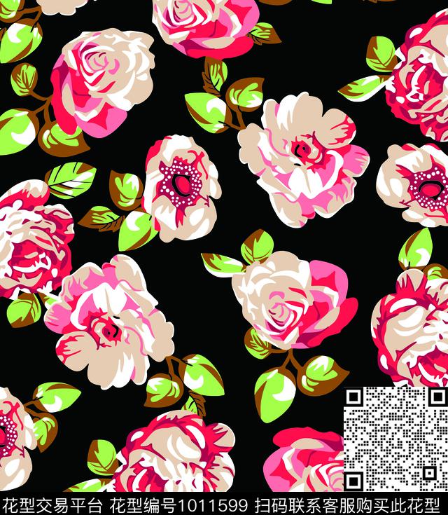 大花黑底花卉玫瑰花传统印花华亿平台下载（图片编号: 1011599） - 瓦栏（Walan）