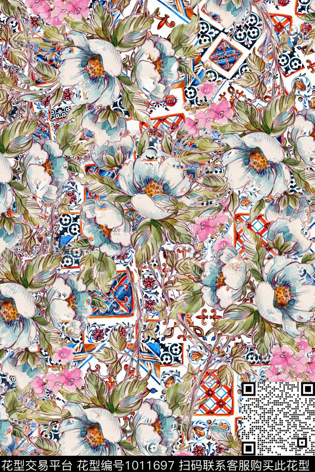 植物花卉满版散花数码印花华亿平台下载（图片编号: 1011697） - 瓦栏（Walan）