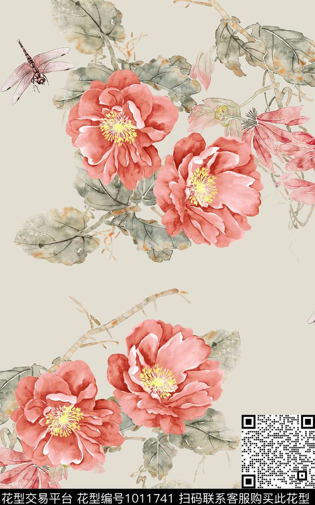 手绘花卉蜻蜓中国风数码印花华亿平台下载（图片编号: 1011741） - 瓦栏（Walan）