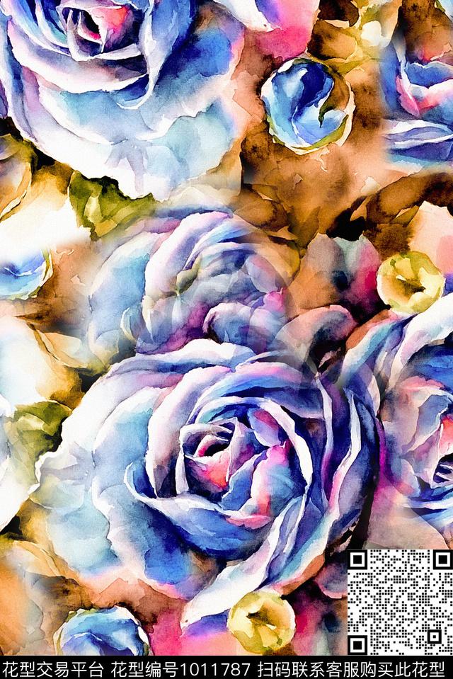 大花花卉手绘花卉数码印花华亿平台下载（图片编号: 1011787） - 瓦栏（Walan）