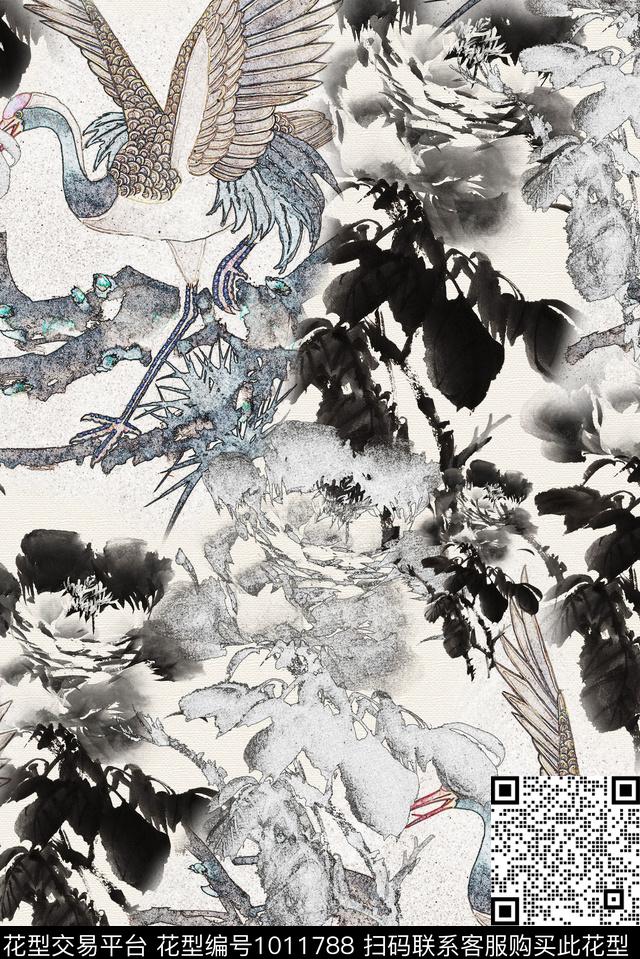 仙鹤中国风水墨风数码印花华亿平台下载（图片编号: 1011788） - 瓦栏（Walan）