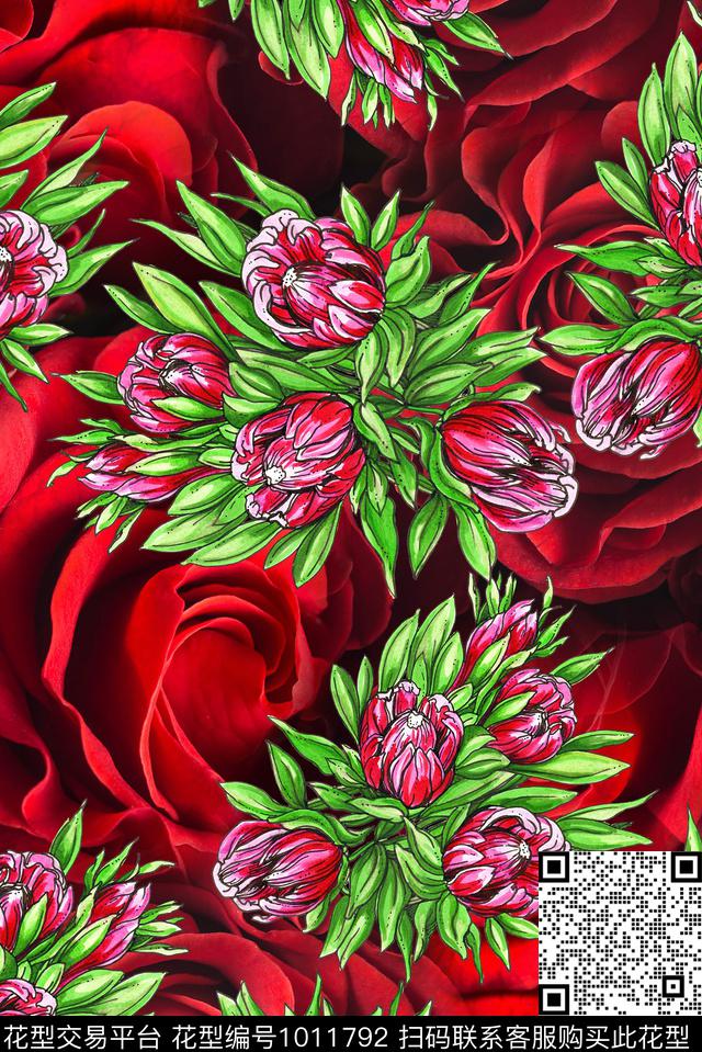 大花花卉手绘花卉数码印花华亿平台下载（图片编号: 1011792） - 瓦栏（Walan）