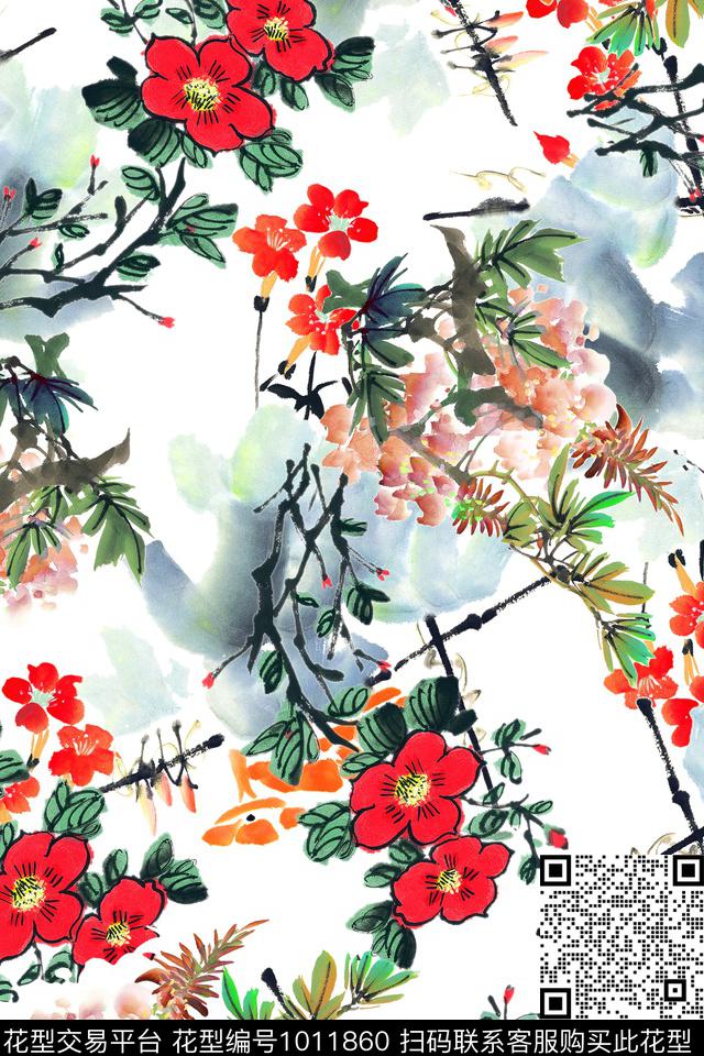 手绘花卉女装水墨风数码印花华亿平台下载（图片编号: 1011860） - 瓦栏（Walan）