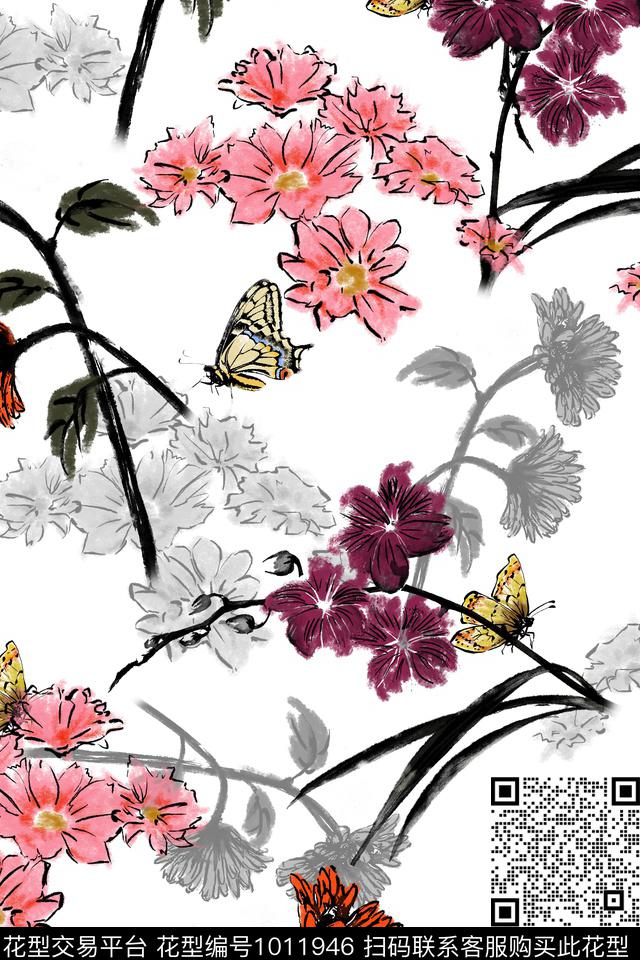 中国风花卉清爽底花卉数码印花华亿平台下载（图片编号: 1011946） - 瓦栏（Walan）