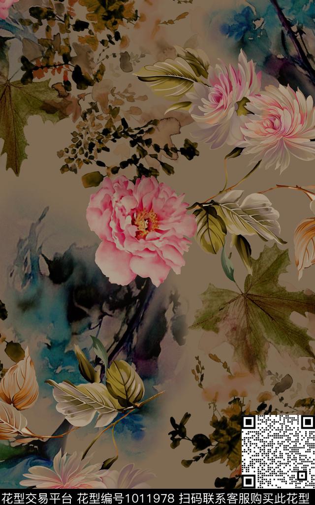 花卉复古中国风数码印花华亿平台下载（图片编号: 1011978） - 瓦栏（Walan）