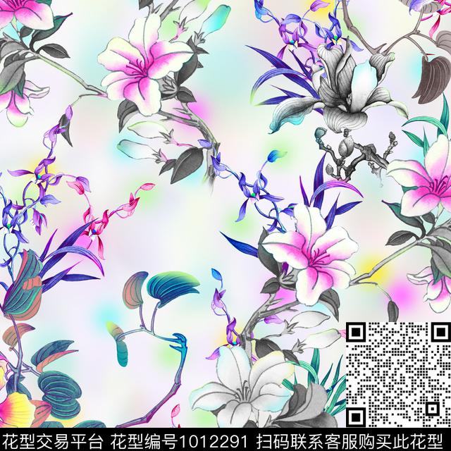 数码华亿平台手绘花卉风格化花卉数码印花华亿平台下载（图片编号: 1012291） - 瓦栏（Walan）