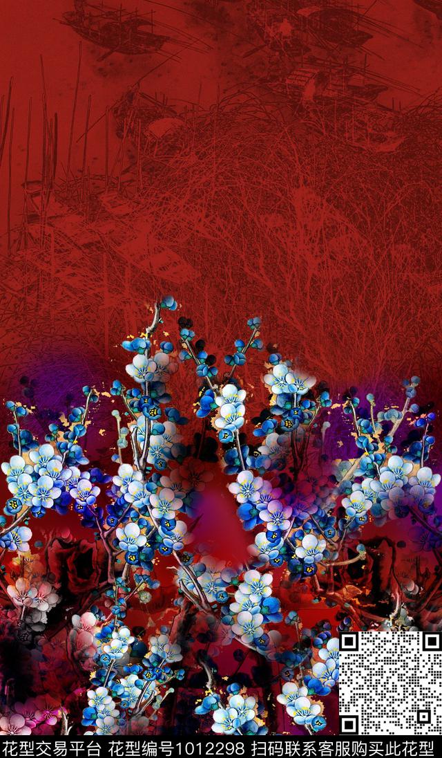 数码华亿平台手绘花卉香云纱数码印花华亿平台下载（图片编号: 1012298） - 瓦栏（Walan）